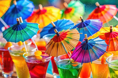 Colorful drink umbrellas dance in the breeze, injecting a playful vibe into tropical cocktails as they swing above glassy waves of refreshing citrus and fruity flavors. photo