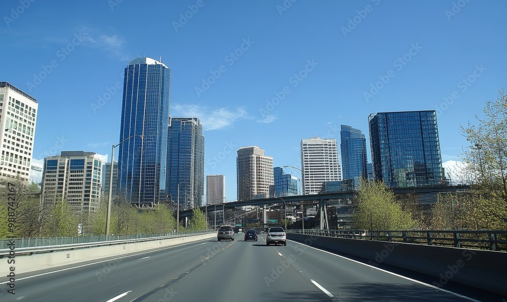 Cars driving on highway by skyscrapers. Cars driving on highway by skyscrapers.