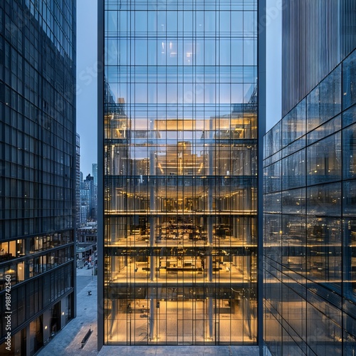 a storey glass office tower transformed into an ancient theater space featuring characters from the mid century photo