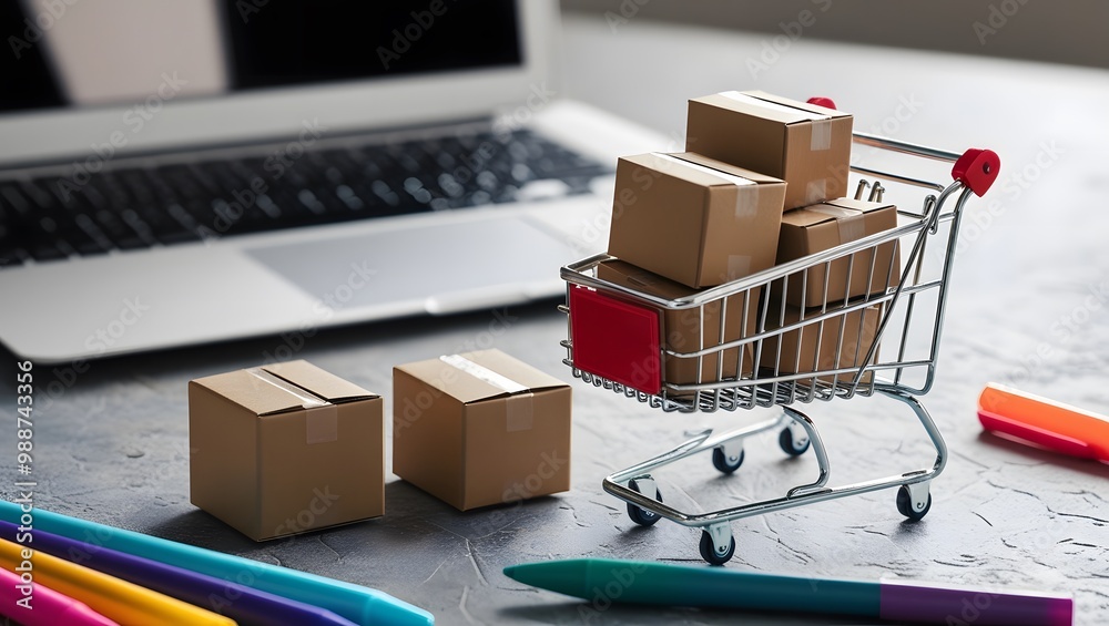 Carton boxes in cart and some boxes on table with laptop, buying and selling services online on network, cyber Monday and e-commerce concept.