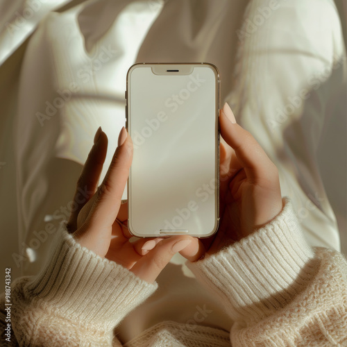 A close up photo of womans hands holding an iPhone, showcasing elegant nails and cozy sweater. soft lighting creates warm and inviting atmosphere