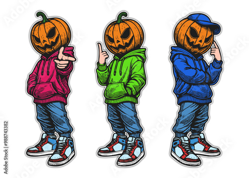 Colorful Hipster Jack-o'-Lantern in Hoodie Line Art - Halloween Characters Sticker Pack. Vector Illustration Set with Urban Style, Streetwear Vibes, Dynamic Pose, Isolated on White