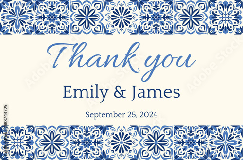 Elegant thank you card with Mediterranean blue and white floral patterns. Ideal for weddings, events. Portuguese tiles, ornate damask frames, and Moroccan ceramics. Azulejo Invitation Template.