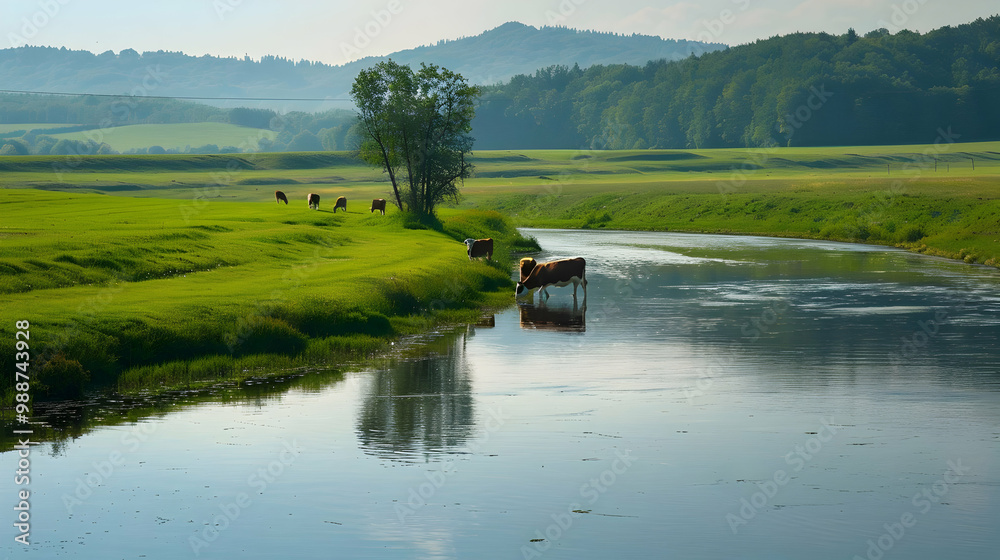 Fototapeta premium Tranquil River Landscape with Cows Grazing in Meadow