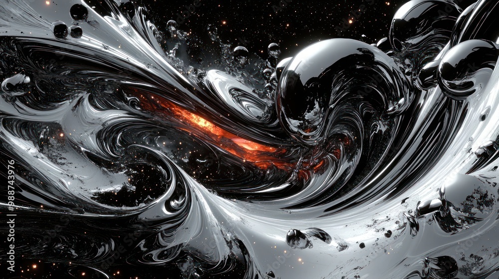 A swirling abstract composition featuring metallic textures and vibrant orange highlights. A swirling abstract composition featuring metallic textures and vibrant orange highlights.
