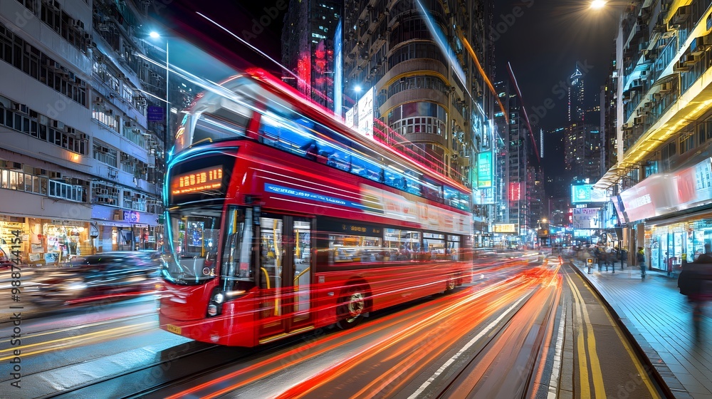 Hong Kong Night Lights Red Double Decker Bus with Blurred Traffic Hong Kong Night Lights Red Double Decker Bus with Blurred Traffic