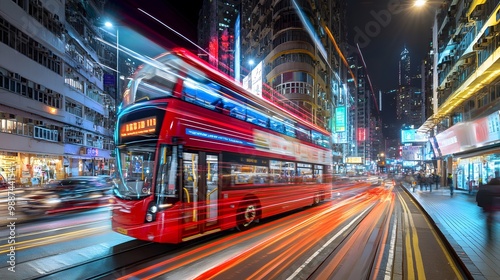 Hong Kong Night Lights   Red Double Decker Bus with Blurred Traffic