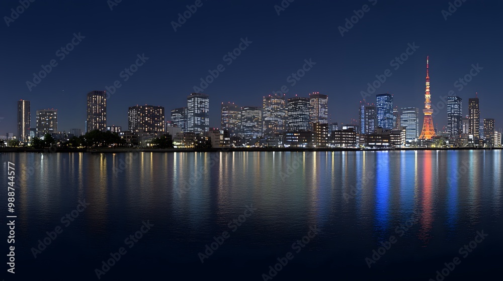 Tokyo Skyline at Night with Tower Reflections Tokyo Skyline at Night with Tower Reflections