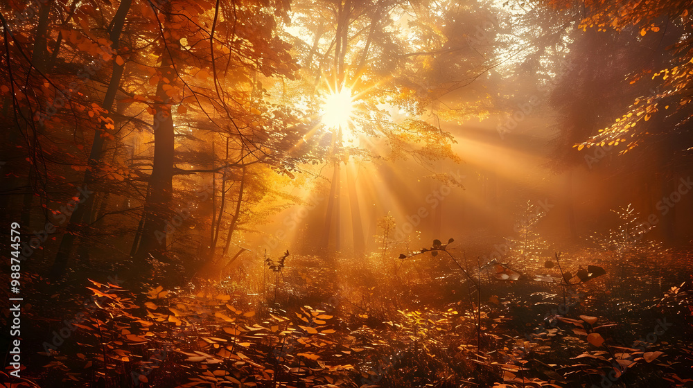Golden Hour in the Autumn Forest: Sunbeams Through Foggy Trees Golden Hour in the Autumn Forest: Sunbeams Through Foggy Trees