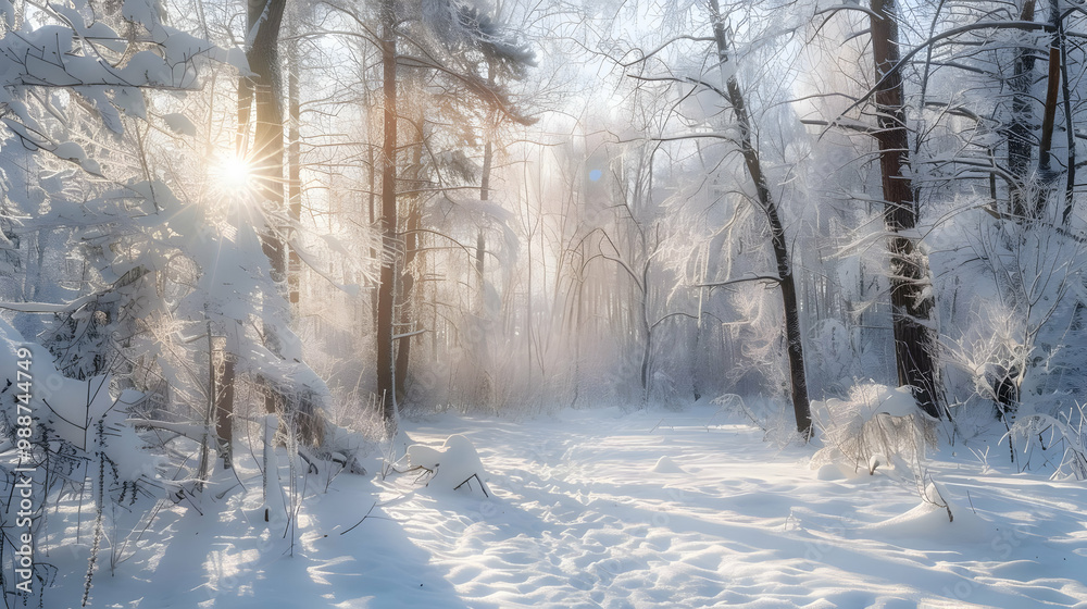 Winter Wonderland: Sunlit Snow Covered Forest Path Winter Wonderland: Sunlit Snow Covered Forest Path