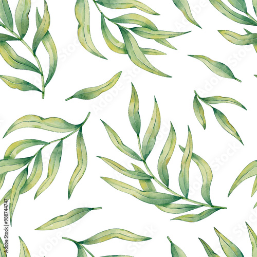 Watercolour tropical palm leaves seamless pattern isolated on white background .
