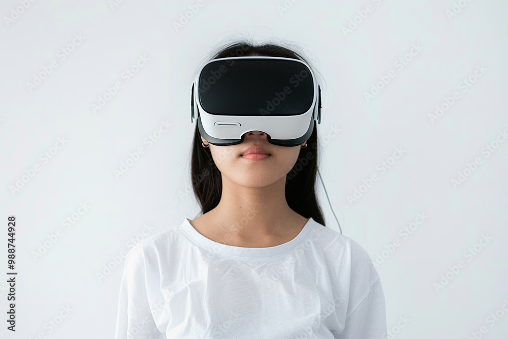 Girl wearing VR virtual reality goggles on white background. Girl wearing VR virtual reality goggles on white background.