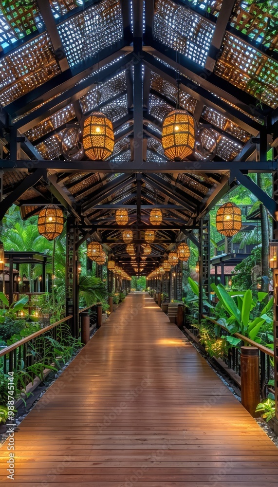 A wooden walkway lined with lanterns leads through a lush tropical garden. A wooden walkway lined with lanterns leads through a lush tropical garden.