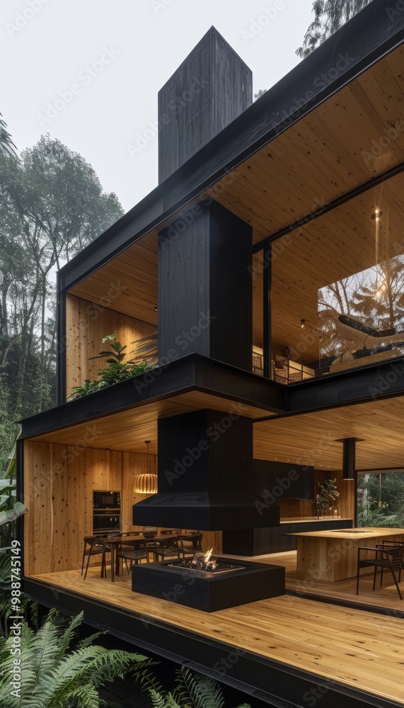 Fototapeta premium A modern home with a unique fireplace design, with a black exterior and a wooden interior.