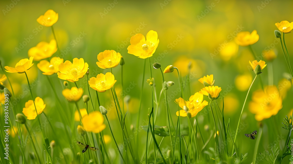 Obraz premium Vibrant Yellow Buttercup Flowers in a Lush Meadow