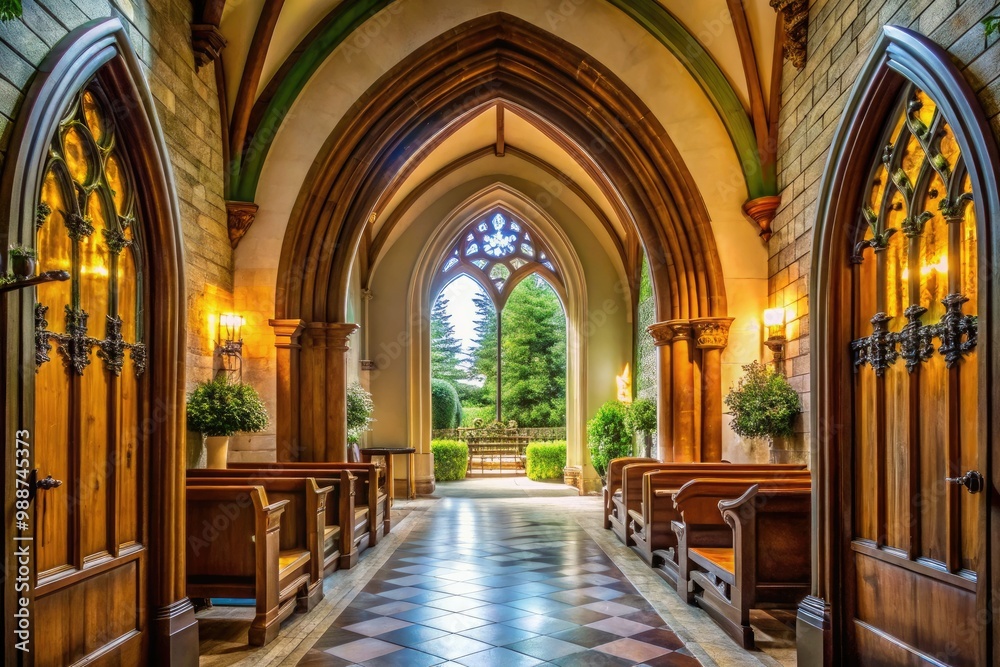 Elegant arched doorway leading to a bright and spacious church interior