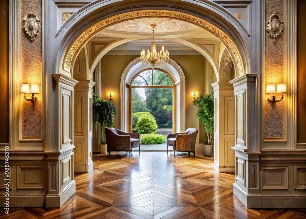 Elegant, arched doorway with intricate moldings and a bright, inviting interior beyond.