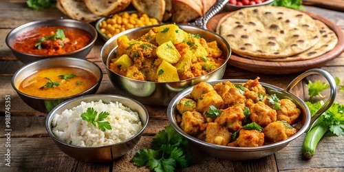 Aloo Gobi served with roti, rice, and curry