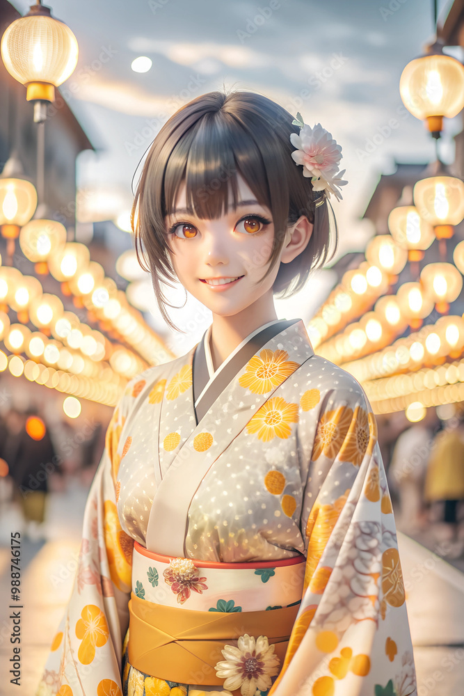 Fototapeta premium A young woman in a traditional Japanese kimono, smiling and looking towards the camera. A young woman with short anime-style hair