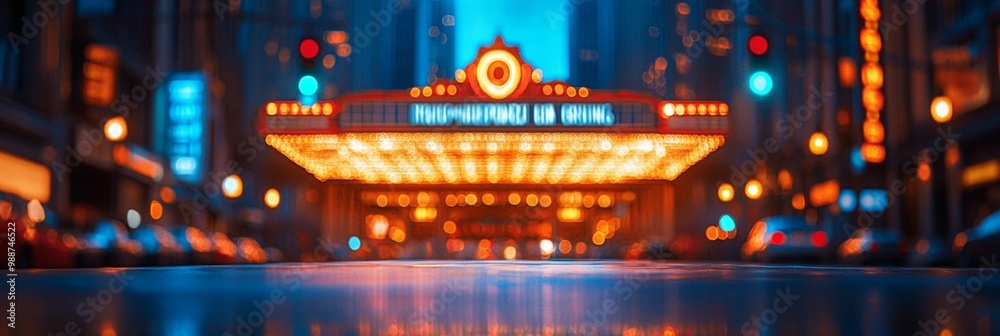 Fototapeta premium Majestic city theater with glowing marquee, elegant architecture, set against a softly blurred night sky, inviting ambiance and cultural allure
