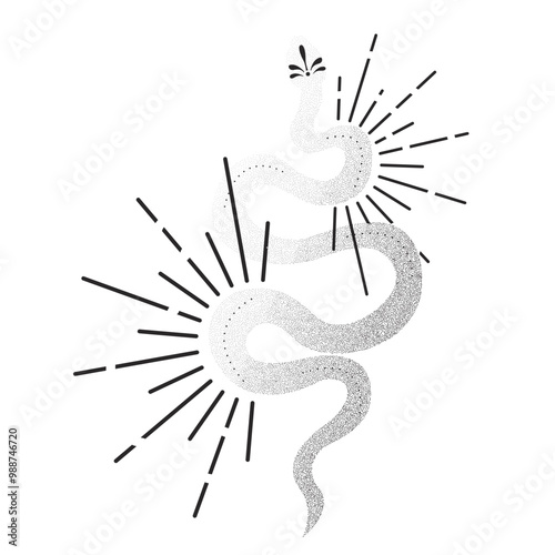 Celestial serpent snake, esoteric tarot or dot tattoo mystery sacred symbol Linocut style boho. Occultism and religion, sacred rites and sacrifice. Reptile