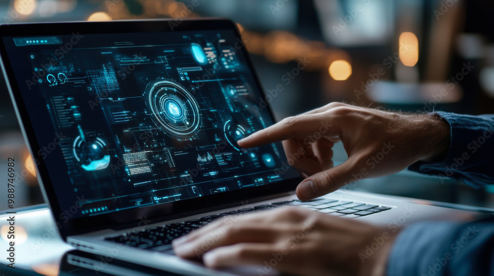 A person interacts with a futuristic interface on a laptop in a modern workspace during early evening hours A person interacts with a futuristic interface on a laptop in a modern workspace during early evening hours