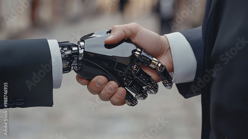 futuristic robot AI shaking hands with a businessman, Businessman and a robot engaging in a handshake. Intersection of human expertise and technological advancement. Dynamic relationship between human