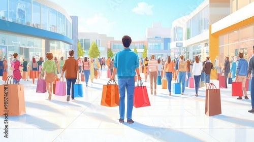 A busy shopping mall scene with a crowd of shoppers carrying bags in bright daylight. photo