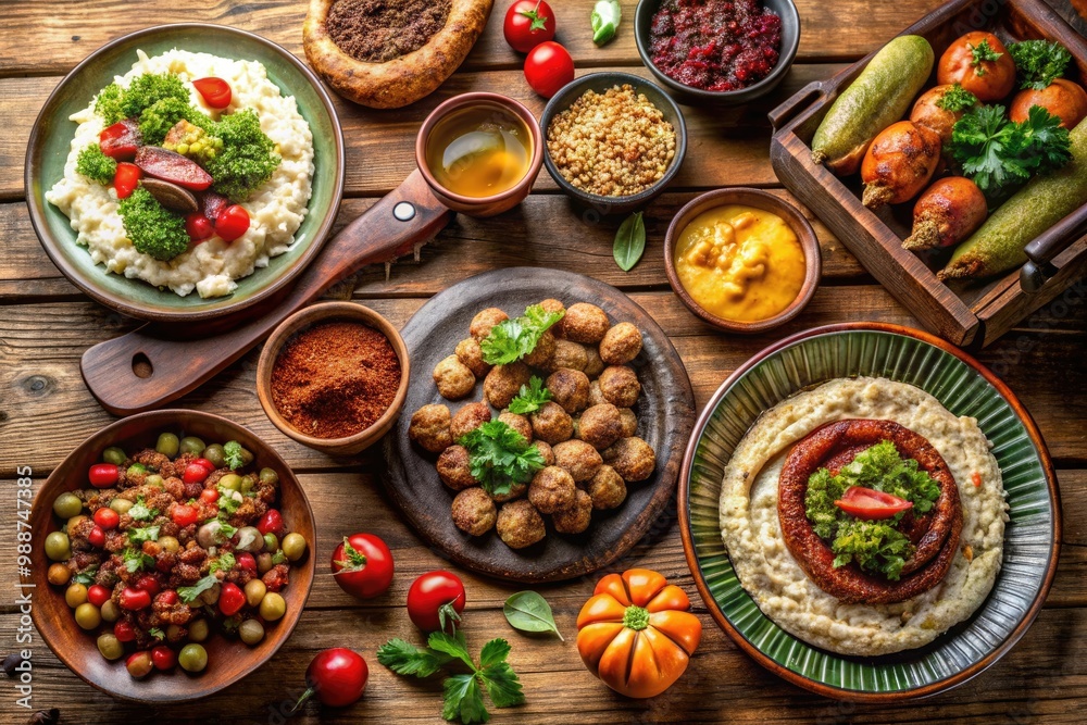 Freshly baked pita bread and fragrant spices fill the air as guests gather around a wooden table laden with delectable Kibbeh, Falafel, and Mezze. Freshly baked pita bread and fragrant spices fill the air as guests gather around a wooden table laden with delectable Kibbeh, Falafel, and Mezze.