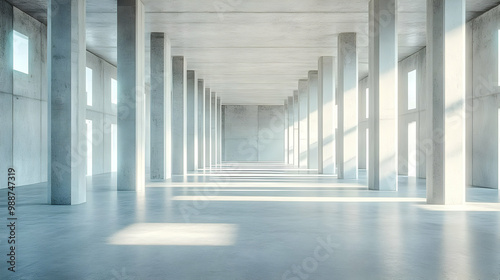 Abstract 3D Render of a Concrete Hallway with Light Shining Through Windows