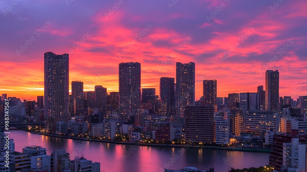 Fototapeta premium Tokyo Skyline at Sunset with Dramatic Pink Clouds and River Reflection