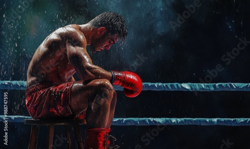 A boxer sits dejectedly in the rain.