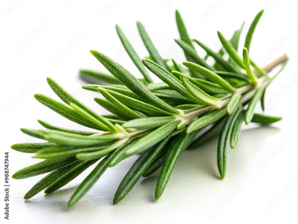 Fresh rosemary sprig unfolds, showcasing tiny leaves held tight and a delicate green stem, inviting touch and exploration of its fragrant, soothing essence. Fresh rosemary sprig unfolds, showcasing tiny leaves held tight and a delicate green stem, inviting touch and exploration of its fragrant, soothing essence.
