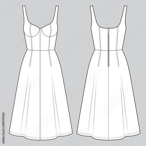 Denim dress with bustier technical sketch