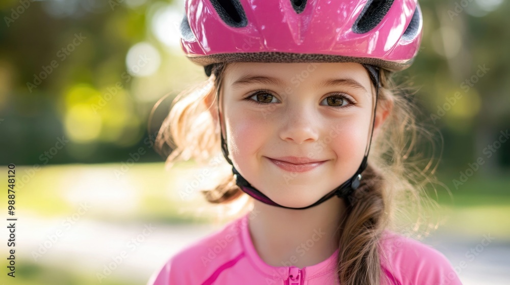 Portrait of a happy little girl wearing a pink helmet and cycling suit against a summer park background. Portrait of a happy little girl wearing a pink helmet and cycling suit against a summer park background.