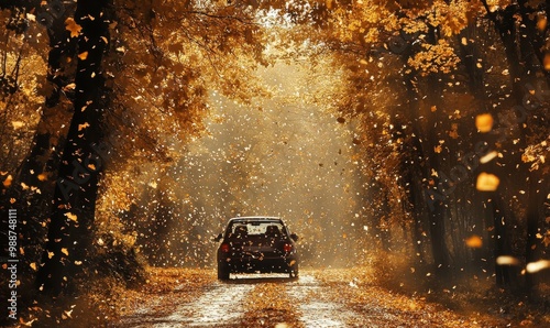 Car driving through a fall forest.