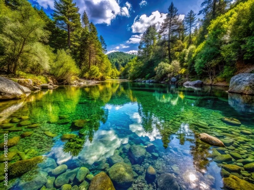 Fresh water accumulates on a flat surface, mirroring the surrounding landscape, its calm surface glistening in the sunlight, a tranquil and serene scene unfolds gradually.
