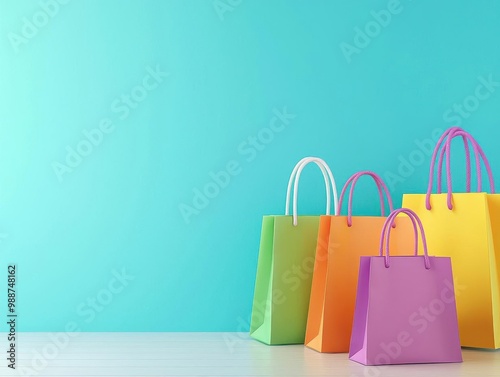 Colorful shopping bags on a table against a radiant turquoise background.