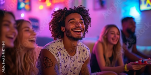 Friends having fun at a lively game night, colorful decorations creating a festive atmosphere, laughter and excitement fill the air