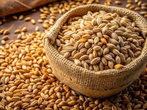 Golden brown barley grains sprawl across the rough burlap surface, their raw, unprocessed forms glistening with a subtle sheen in the soft light. photo