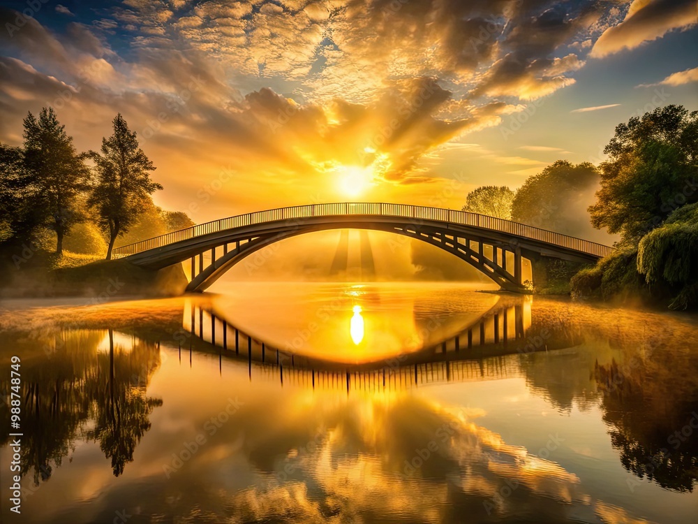 Naklejka premium Golden hues unfold as sunrise crowns an arched bridge, softly bathing its dark silhouette in an ethereal glow, suspended between reality and mystique.