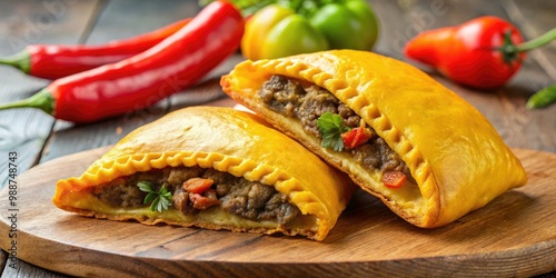 Golden-crusted Jamaican patty filled with seasoned beef, wrapped in flaky pastry and infused with spicy kick from Scotch bonnet pepper. photo