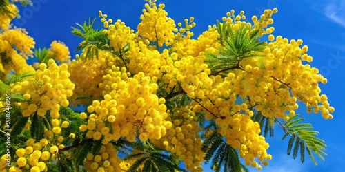 Golden yellow flower clusters boom abundantly on a lush mimosa tree, presenting an captivating display of nature's beauty and vigor.