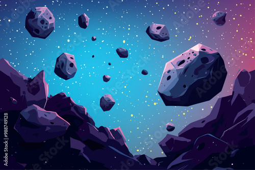 Asteroids in the space background. Planets in outer space landscape. Galaxy, cosmos, universe futuristic fantasy view with rocks ad celestial bodies. Colorful starry sky. Cartoon style vector