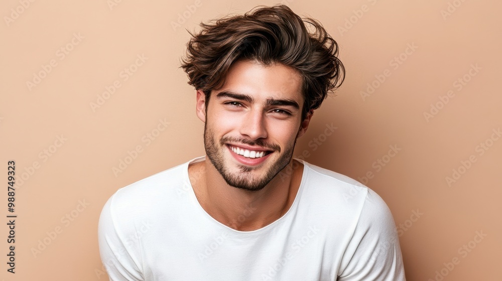 Charming Young Man with Trendy Hairstyle Smiling on Beige Background
