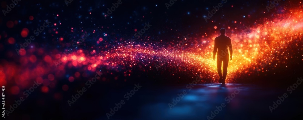 Obraz premium Abstract human figure stepping through a glowing portal, entering a renewed world full of futuristic possibilities new beginnings, renewal future imagery