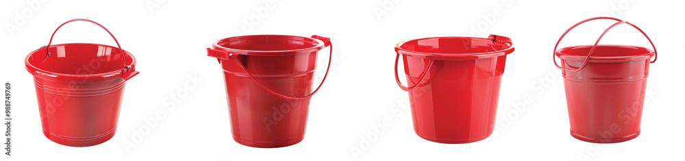 Bright red buckets arranged creatively on a white background, on the Transparent background, PNG Format Bright red buckets arranged creatively on a white background, on the Transparent background, PNG Format