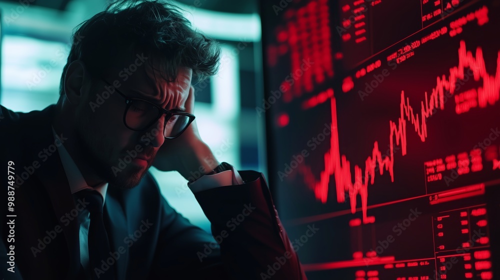 Fototapeta premium Businessman experiencing stress while analyzing stock market data in a dimly lit office in the evening