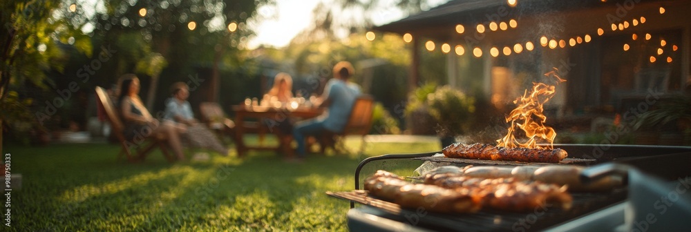 © paisorn - Backyard Barbecue Gathering, friends enjoying grilled food, laughter fills the air, blurred greenery adds a warm atmosphere