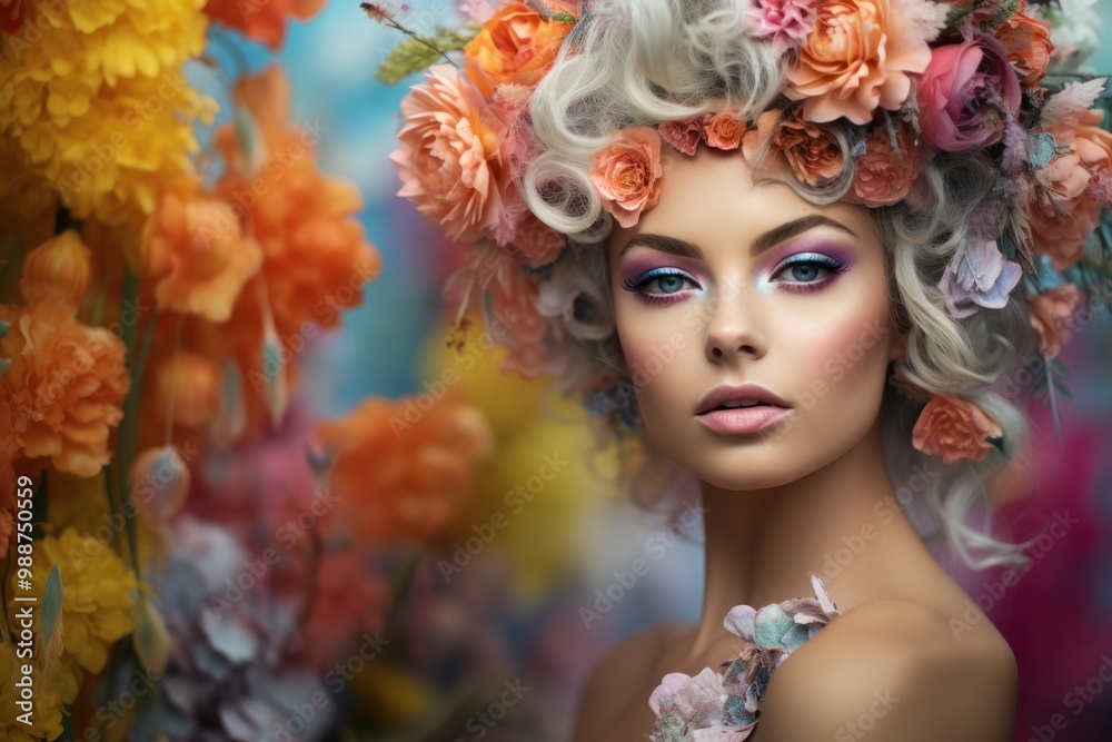 A young woman with creative floral-inspired makeup, blending soft pastels and vibrant colors A young woman with creative floral-inspired makeup, blending soft pastels and vibrant colors
